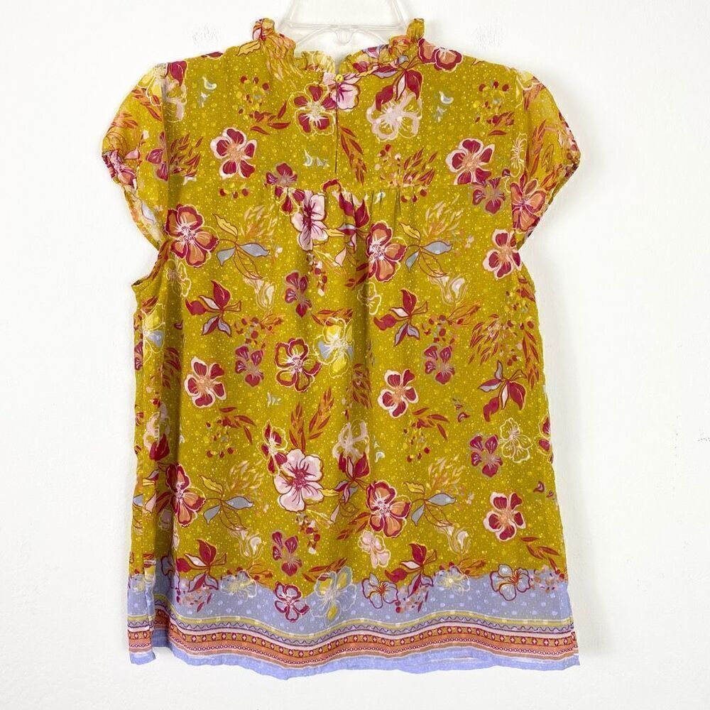 Joie Mustard Yellow & Red Floral Swiss Dot Cap Sleeve Blouse Top Shirt Size M - Picture 4 of 9